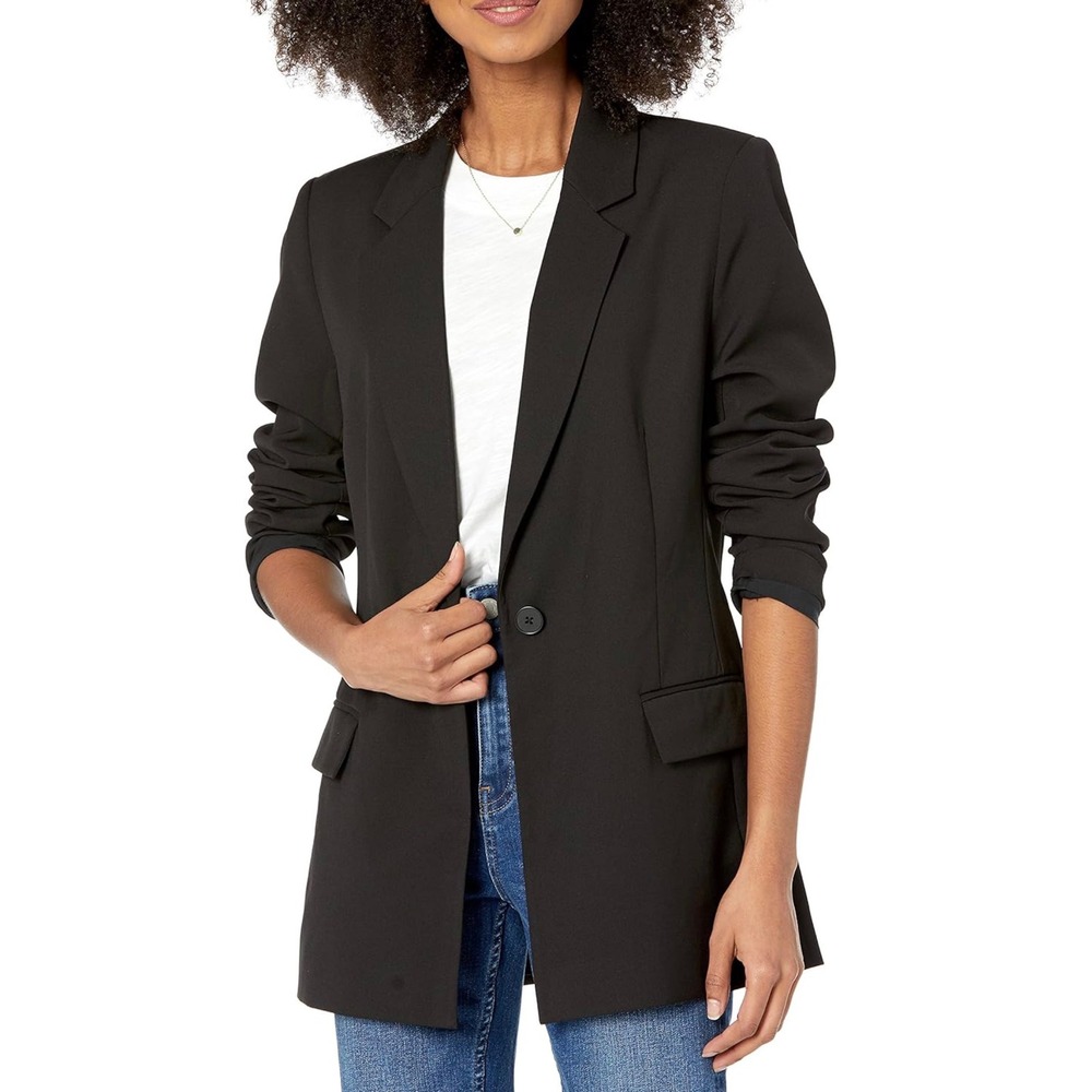 The Drop Women's Blake Long Blazer Black Single Button Notched Lapel Size Large